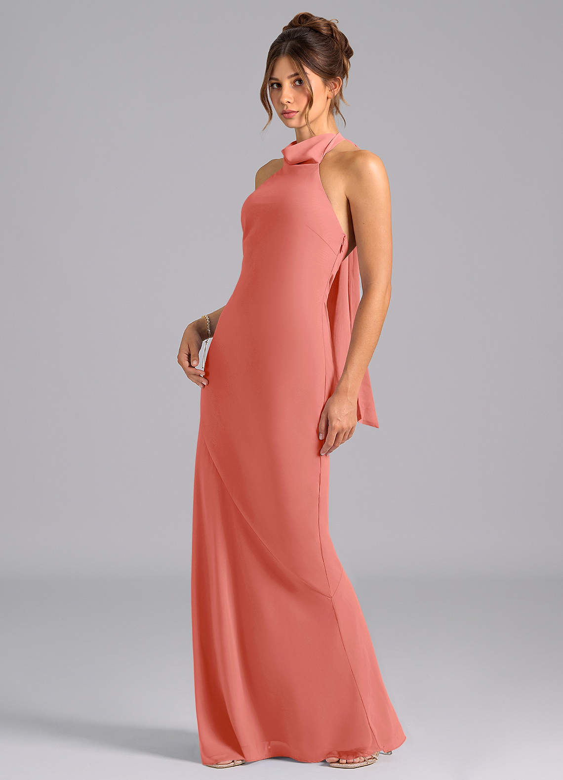 Velli Mermaid Halter Chiffon Bridesmaid Dress in Salmon Pink