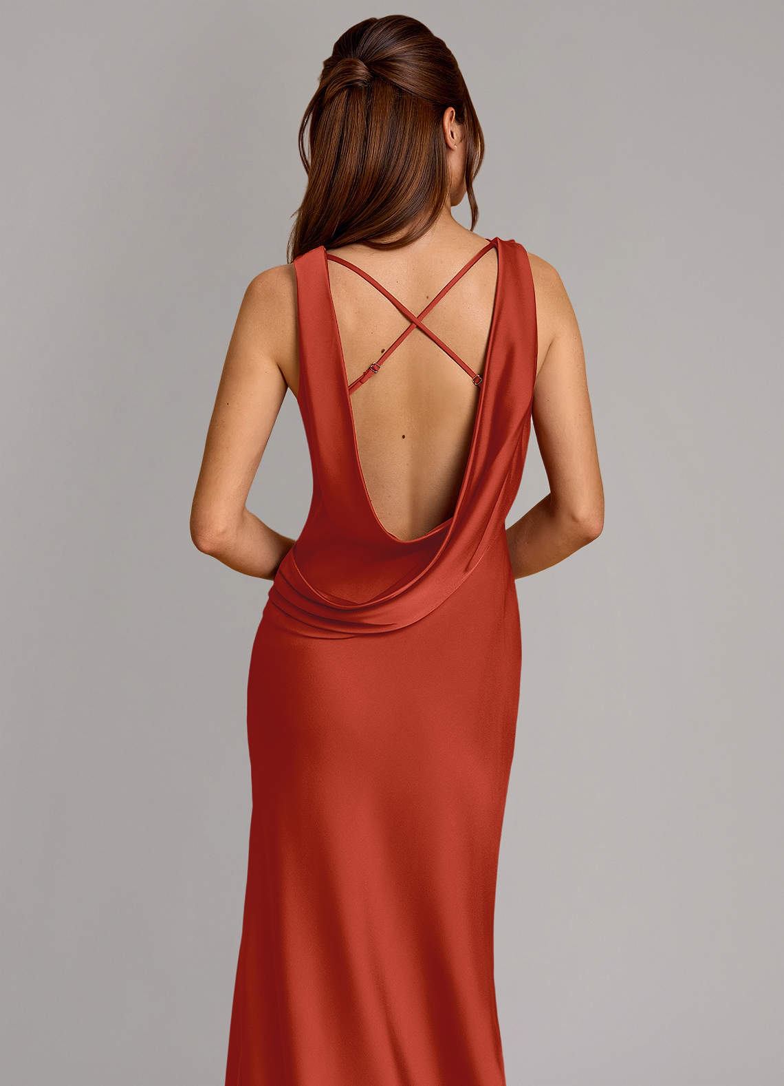 Cheryl Mermaid Cowl-Neck Stretch Satin Bridesmaid Dress in Rust
