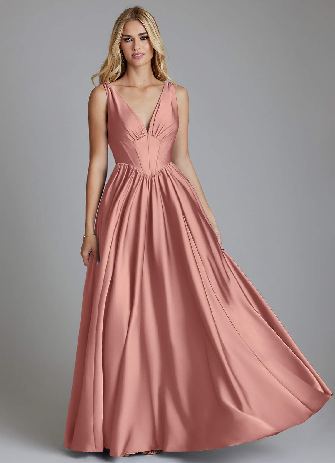 Delmie A-Line V-Neck Stretch Satin Bridesmaid Dress in Rosette