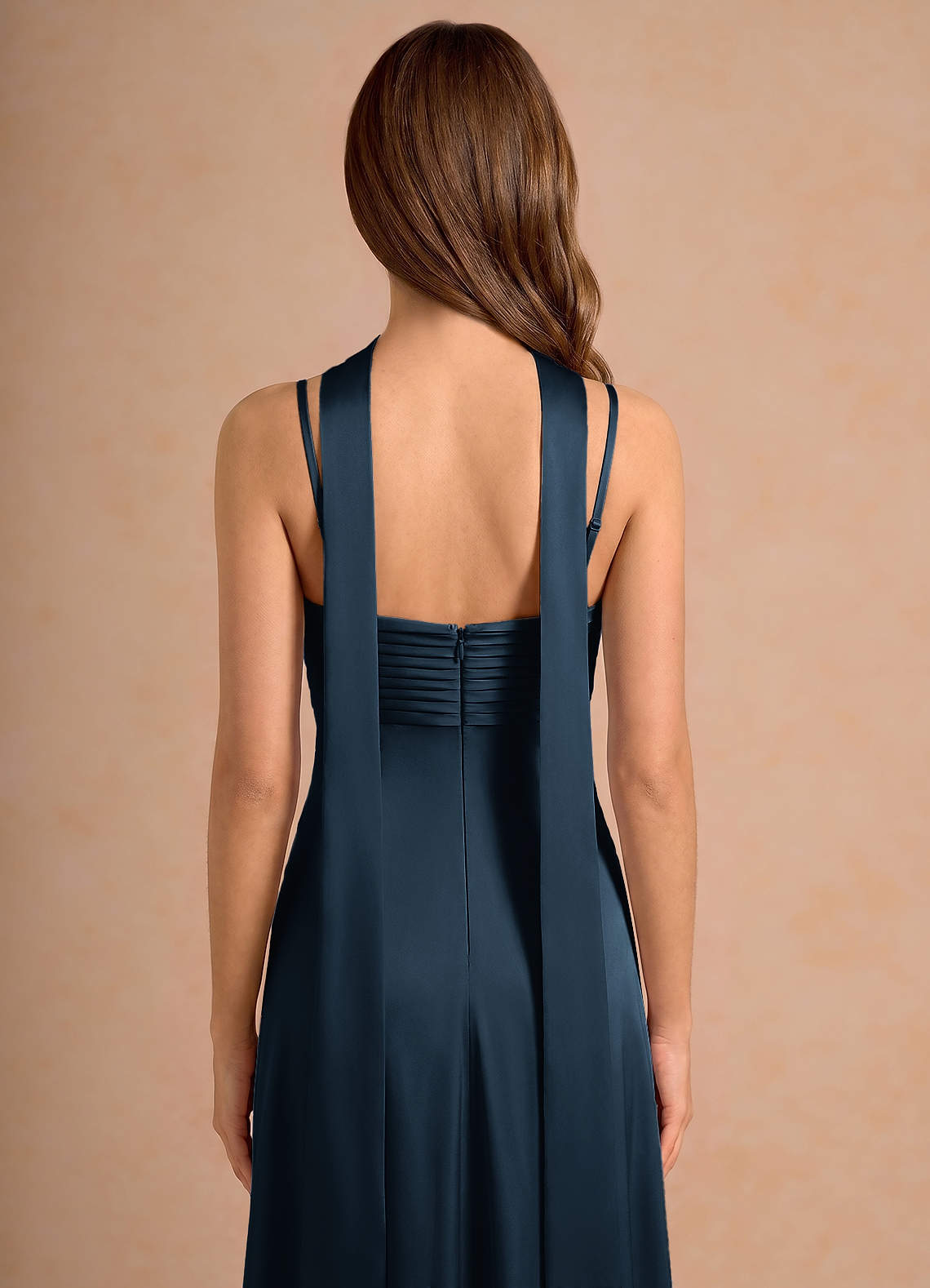 Seraphina A-Line Scarf Stretch Satin Evening Dress in Navy