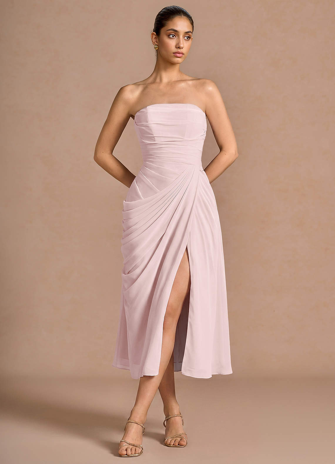 Kaavia Column Pleated Chiffon Midi Evening Dress in Powder Pink