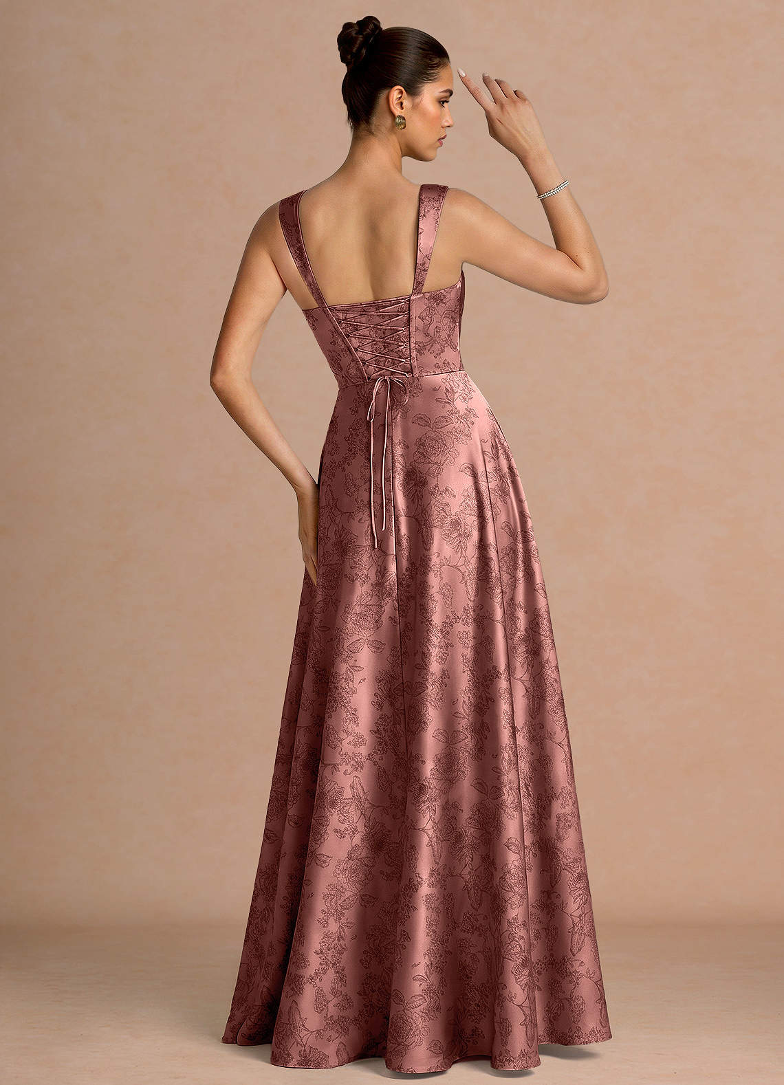 Azaria A-Line Square-Neck Jacquard Evening Dress in Vintage Rose