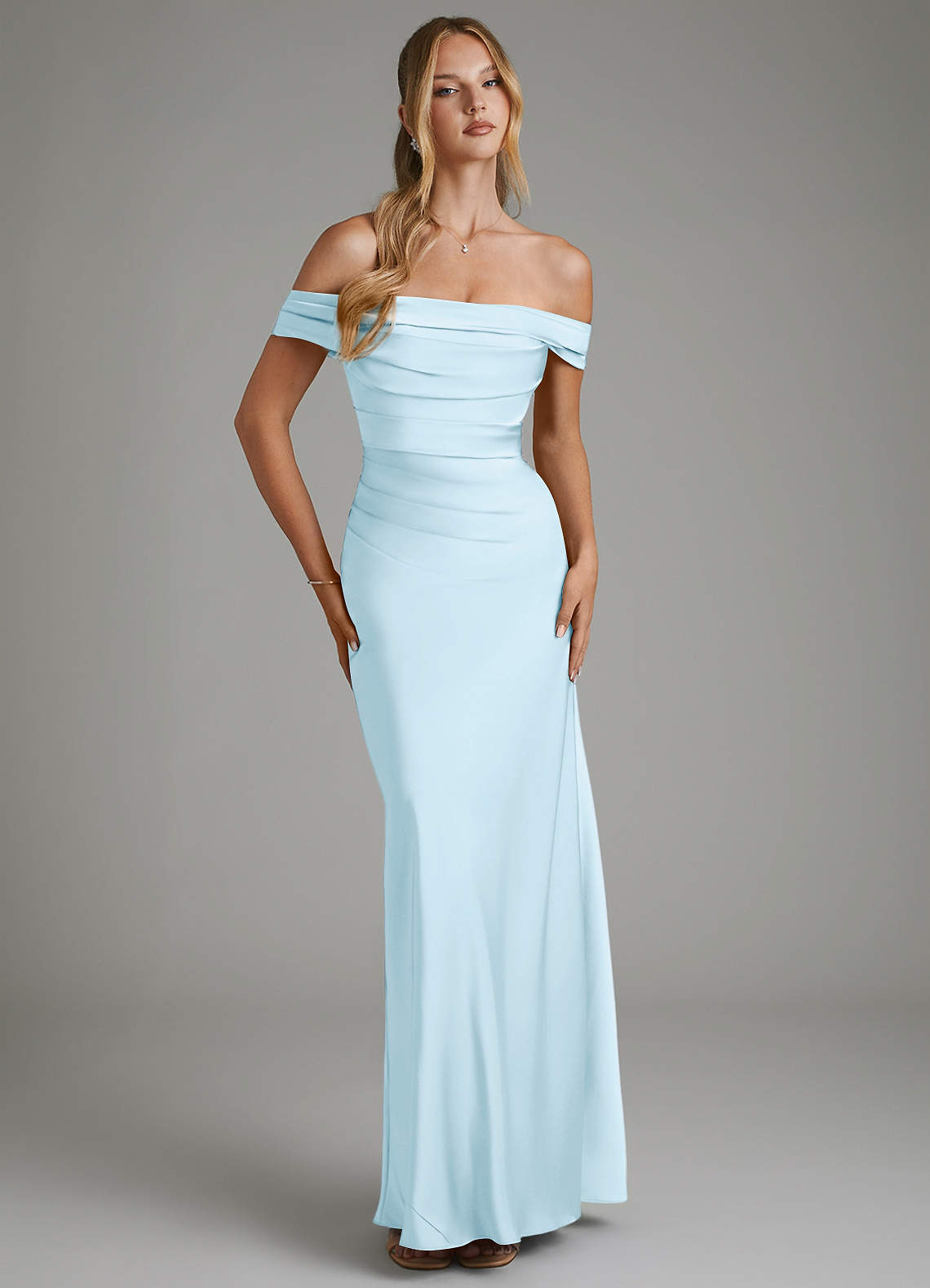 Hayden Mermaid Off-the-Shoulder Stretch Satin Bridesmaid Dress in Sky Blue