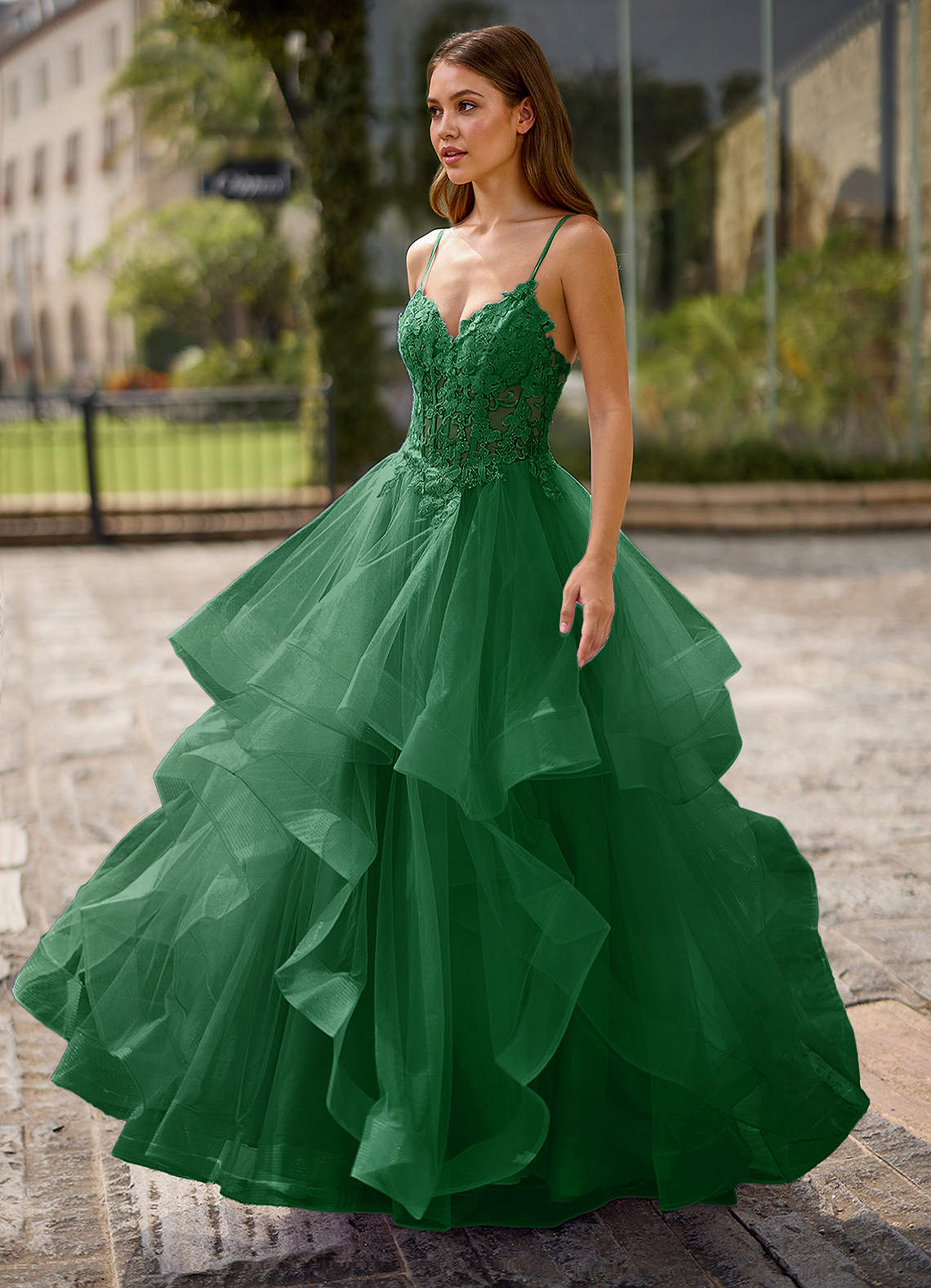 Spitze Ball Gown Sweetheart Lace Tulle Evening Dress in Dark Green