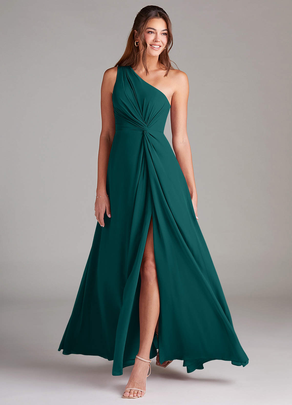 Brooke A-Line One-Shoulder Chiffon Bridesmaid Dress in Peacock
