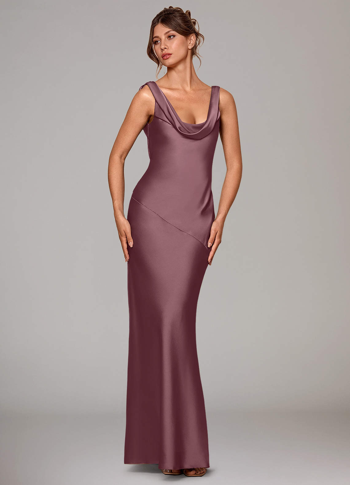 Rylina Mermaid Cowl-Neck Stretch Satin Bridesmaid Dress in Amethyst