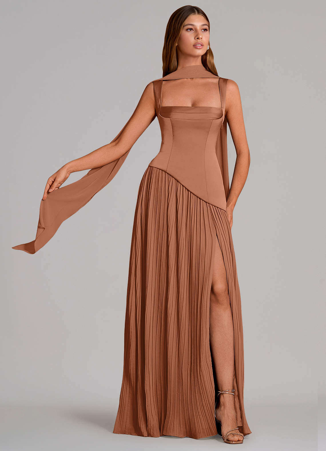 Stephanie A-Line Square-Neck Stretch Satin and Chiffon Bridesmaid Dress in Bronzer
