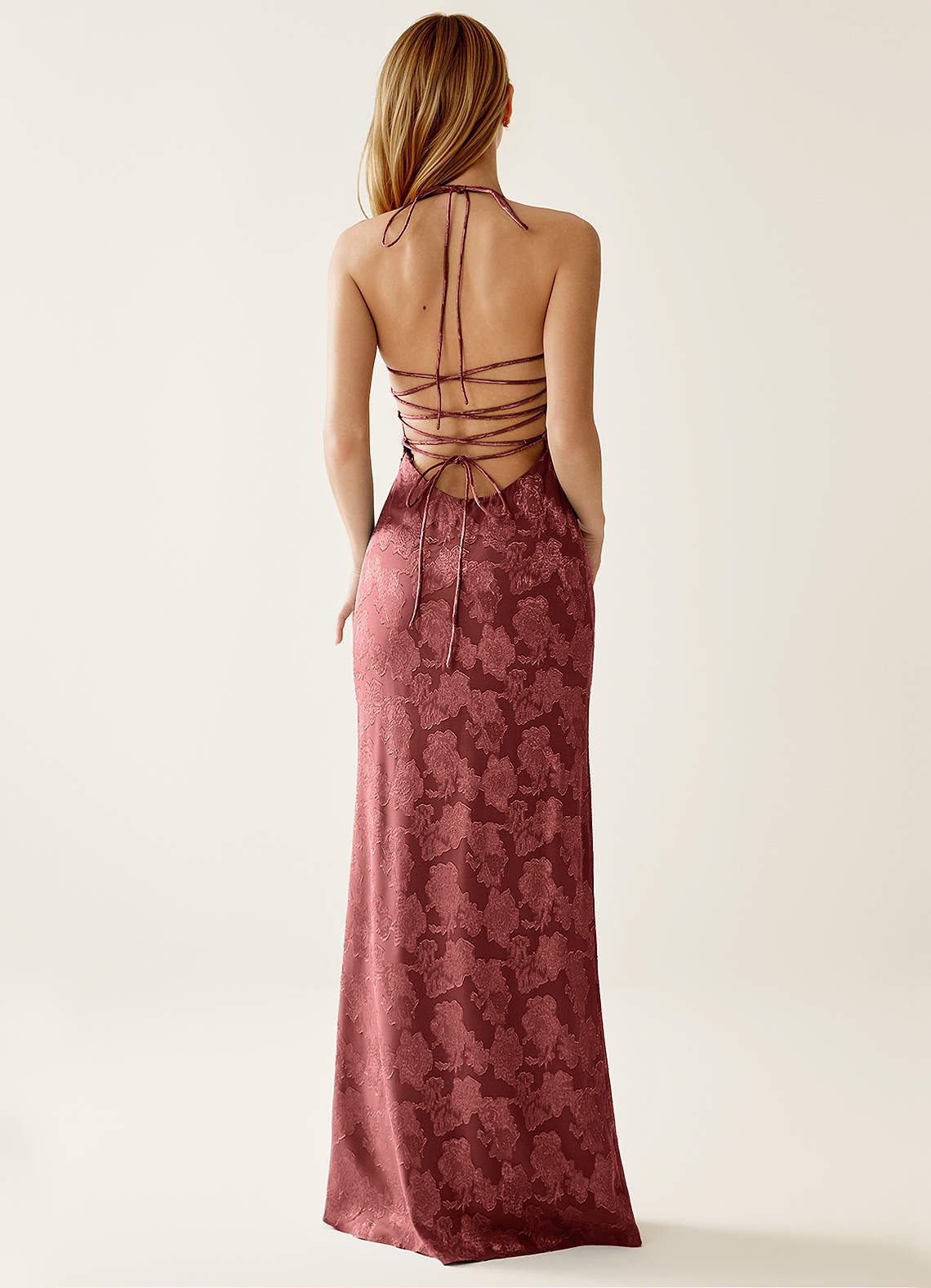 Angena Sheath Halter Floral Burnout Evening Dress in Vintage Rose