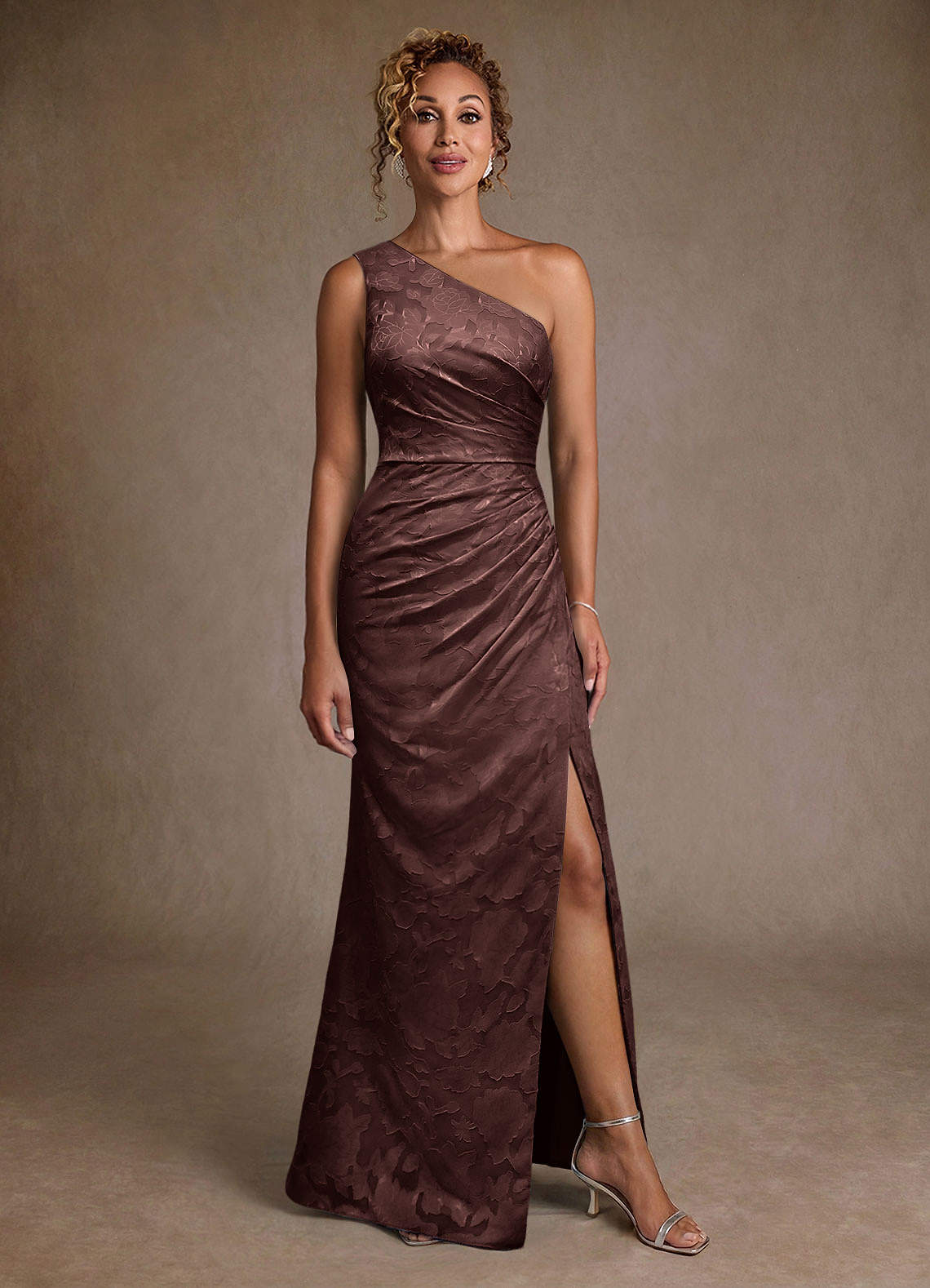 Joylin Trumpet One-Shoulder Floral Burnout Mother of the Bride Dress in Espresso