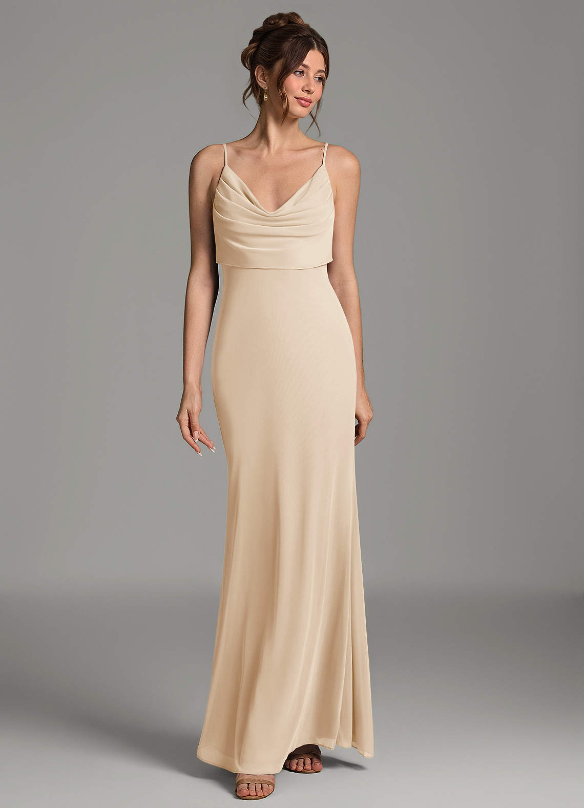 Zari Mermaid Cowl-Neck Mesh Bridesmaid Dress in Champagne