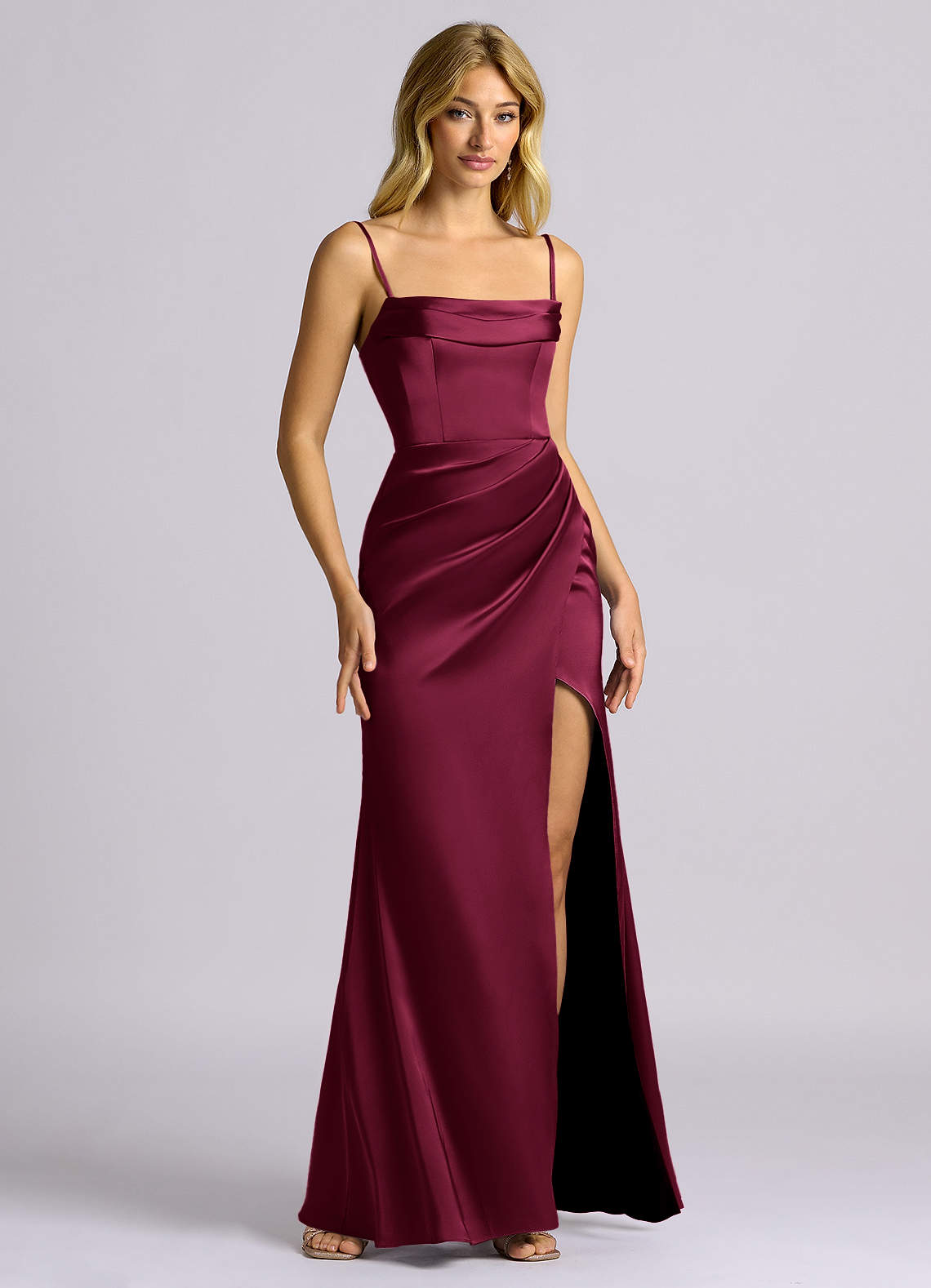 Auden Sheath Off-the-Shoulder Stretch Satin Bridesmaid Dress in Burgundy