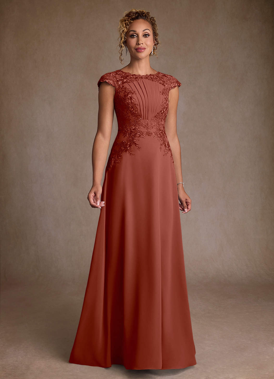 Christi A-Line Scoop-Neck Chiffon and Lace Mother of the Bride Dress in Auburn