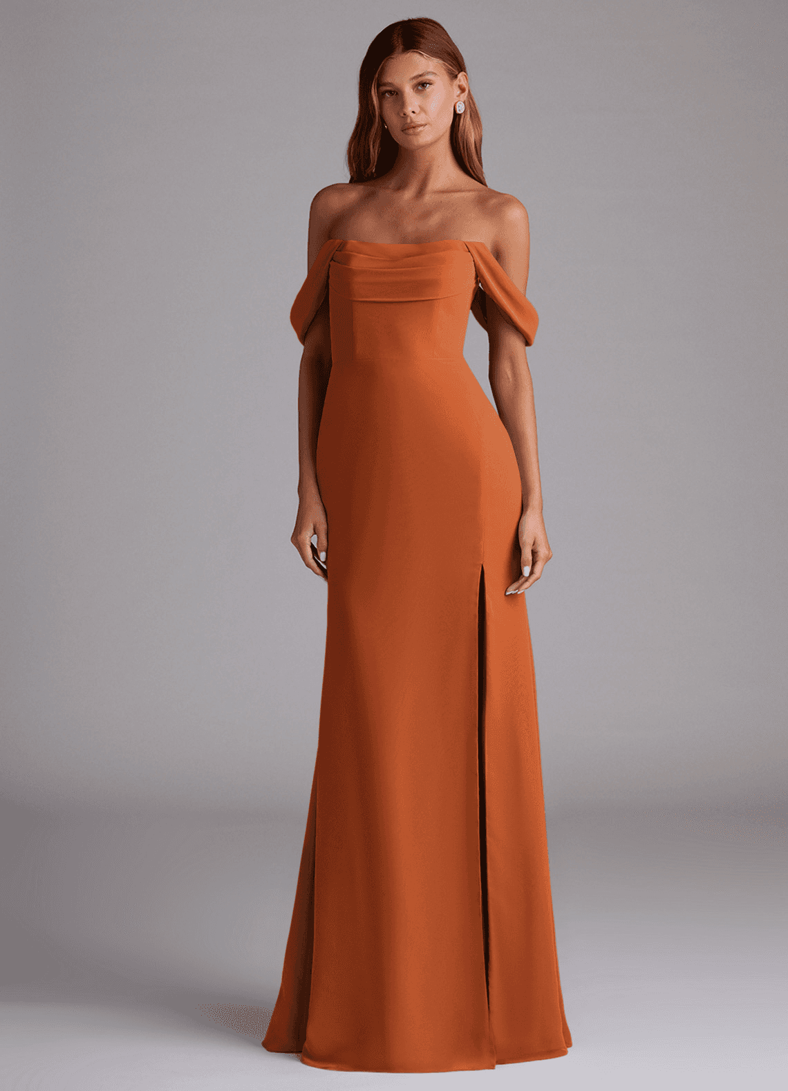 Saige A-Line Off-the-Shoulder Chiffon Bridesmaid Dress in Cinnamon