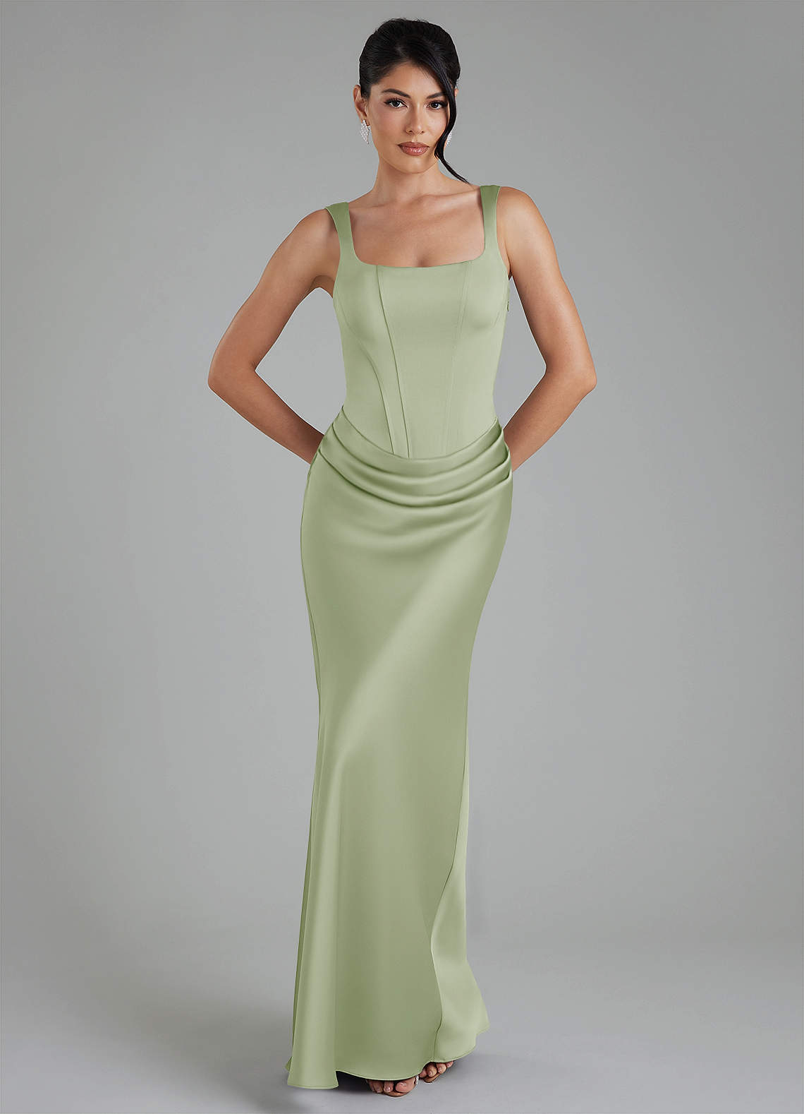 Etta Mermaid Square-Neck Stretch Satin Bridesmaid Dress in Dusty Sage