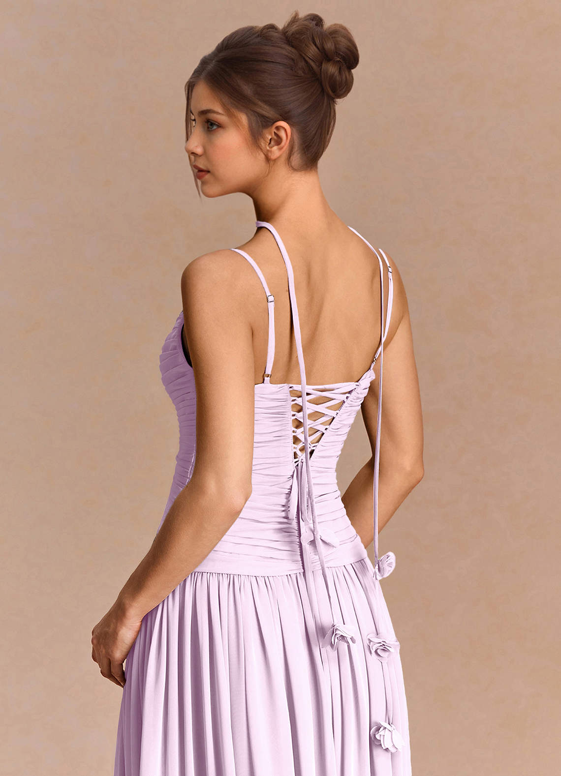 Eulalie A-Line Floral-Appliqué Chiffon Evening Dress in Frosted Lilac