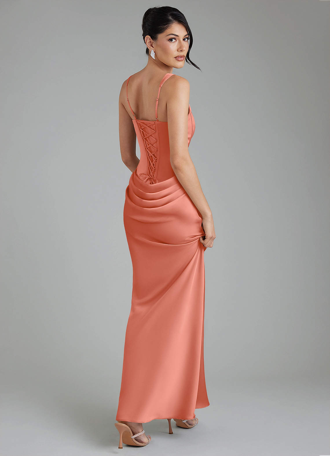 Etta Mermaid Square-Neck Stretch Satin Bridesmaid Dress in Salmon Pink