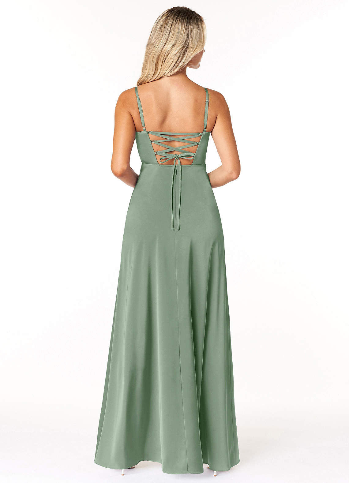 Marchella A-Line V-Neck Stretch Satin Bridesmaid Dress in Matcha