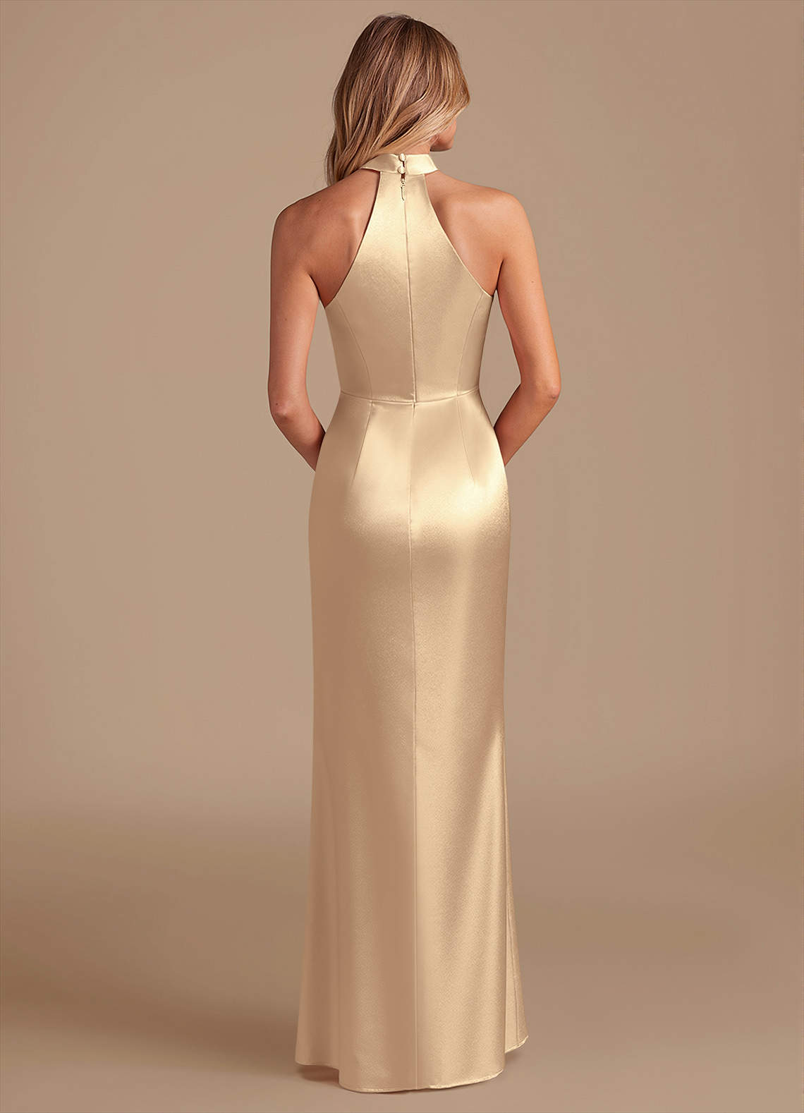 Karlotta Sheath Halter-Neck Metallic Satin Bridesmaid Dress in Gold