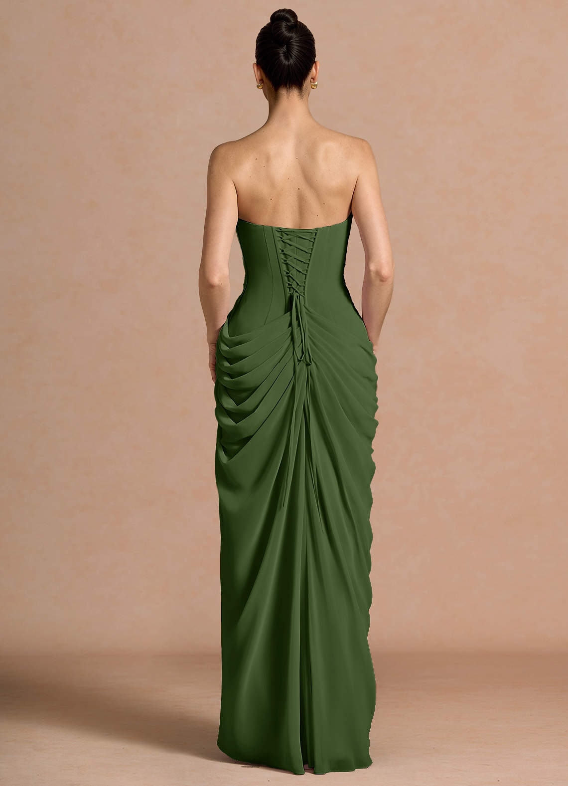 Kaavia Column Pleated Chiffon Maxi Evening Dress in Olive