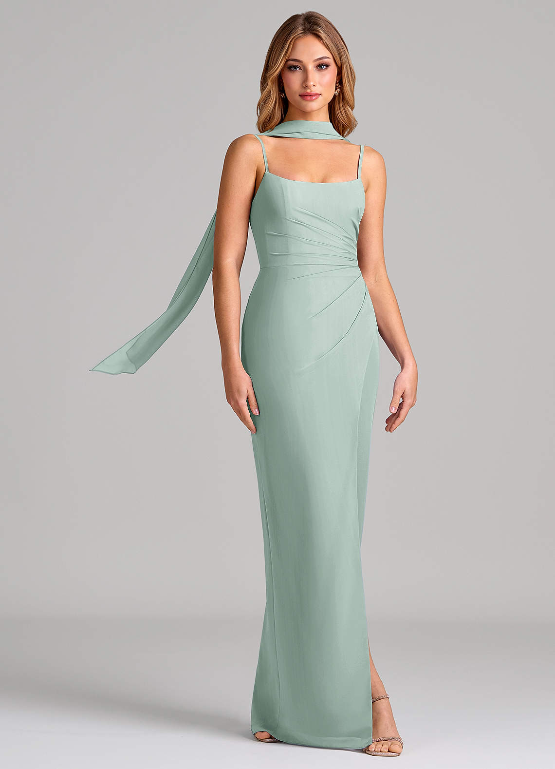 Calandra Sheath Scoop-Neck Chiffon Bridesmaid Dress in Agave