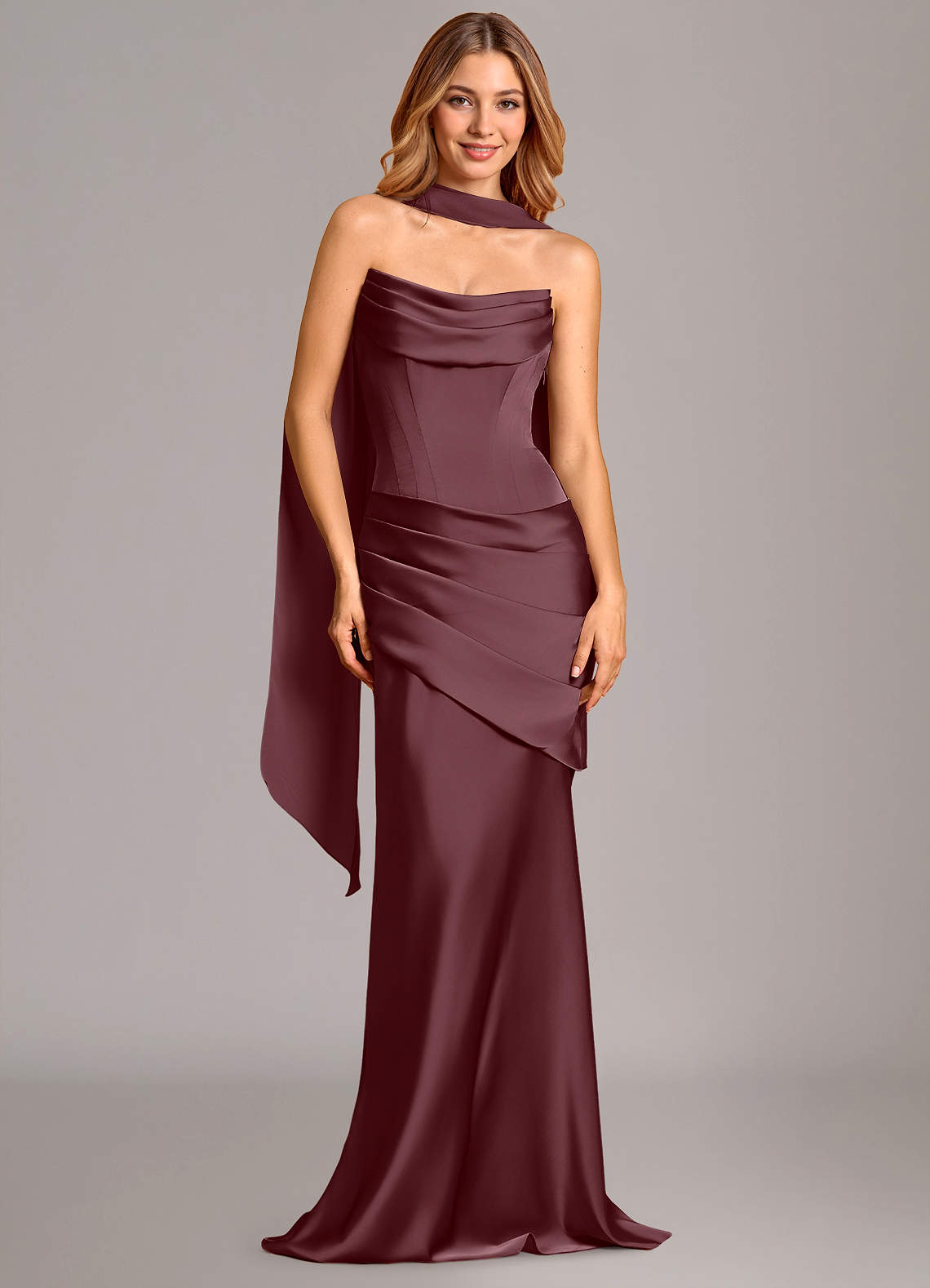 Pelagia Mermaid Cowl-Neck Stretch Satin Bridesmaid Dress in Sangria