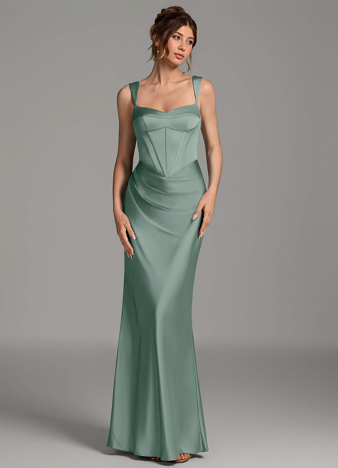 Mela Sheath Sweetheart Stretch Satin Bridesmaid Dress in Silver Sage