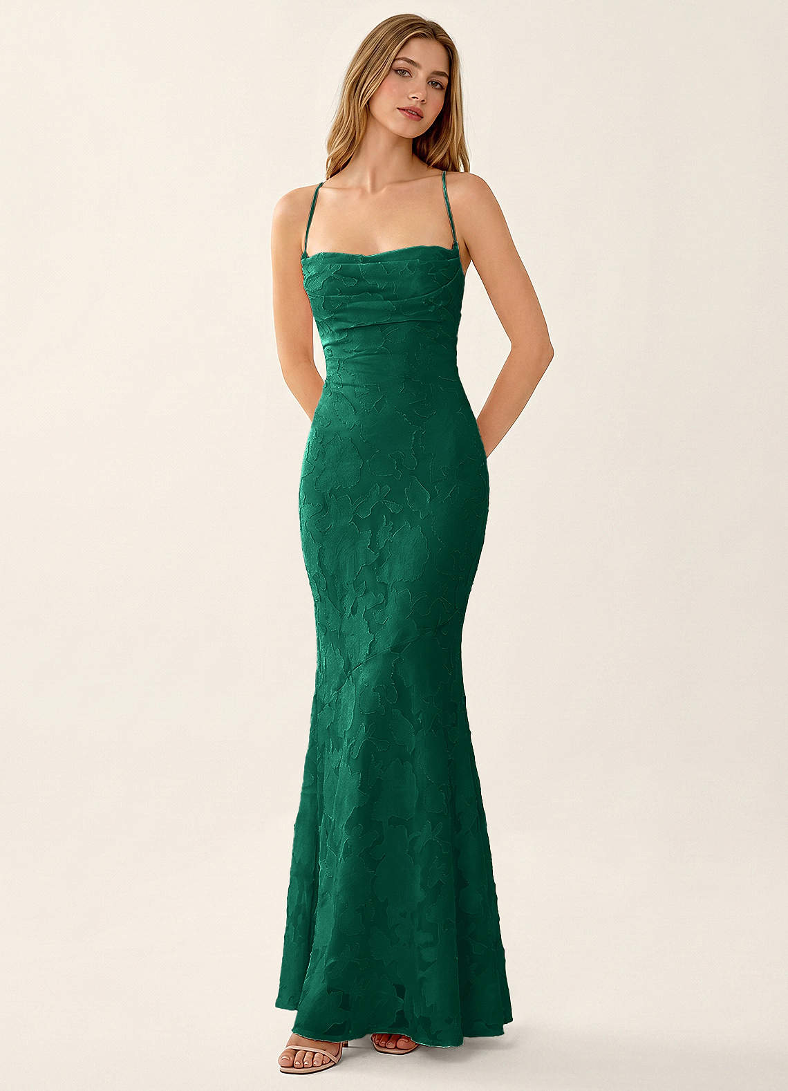 Natasha Mermaid Spaghetti-Strap Floral Burnout Evening Dress in Hunter Green