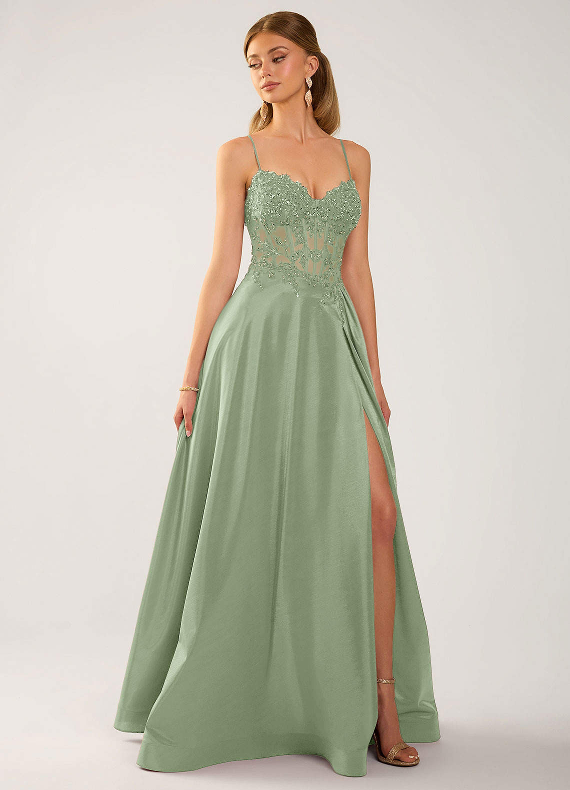 Isoldemark A-Line Sweetheart Satin Evening Dress in Sage