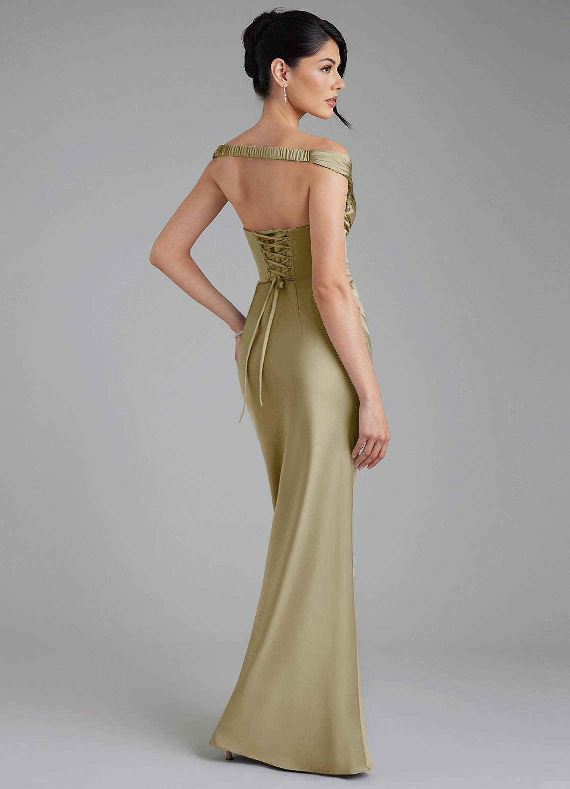 Stella Sheath V-Neck Stretch Satin Bridesmaid Dress in Moss Green