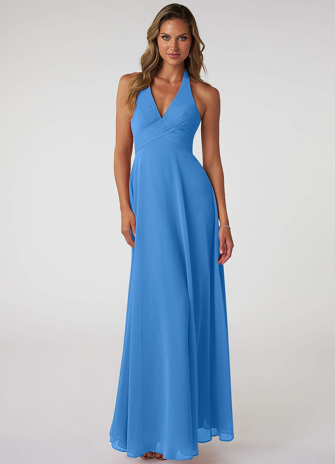 Tessie A-Line V-Neck Chiffon Bridesmaid Dress in Blue Jay