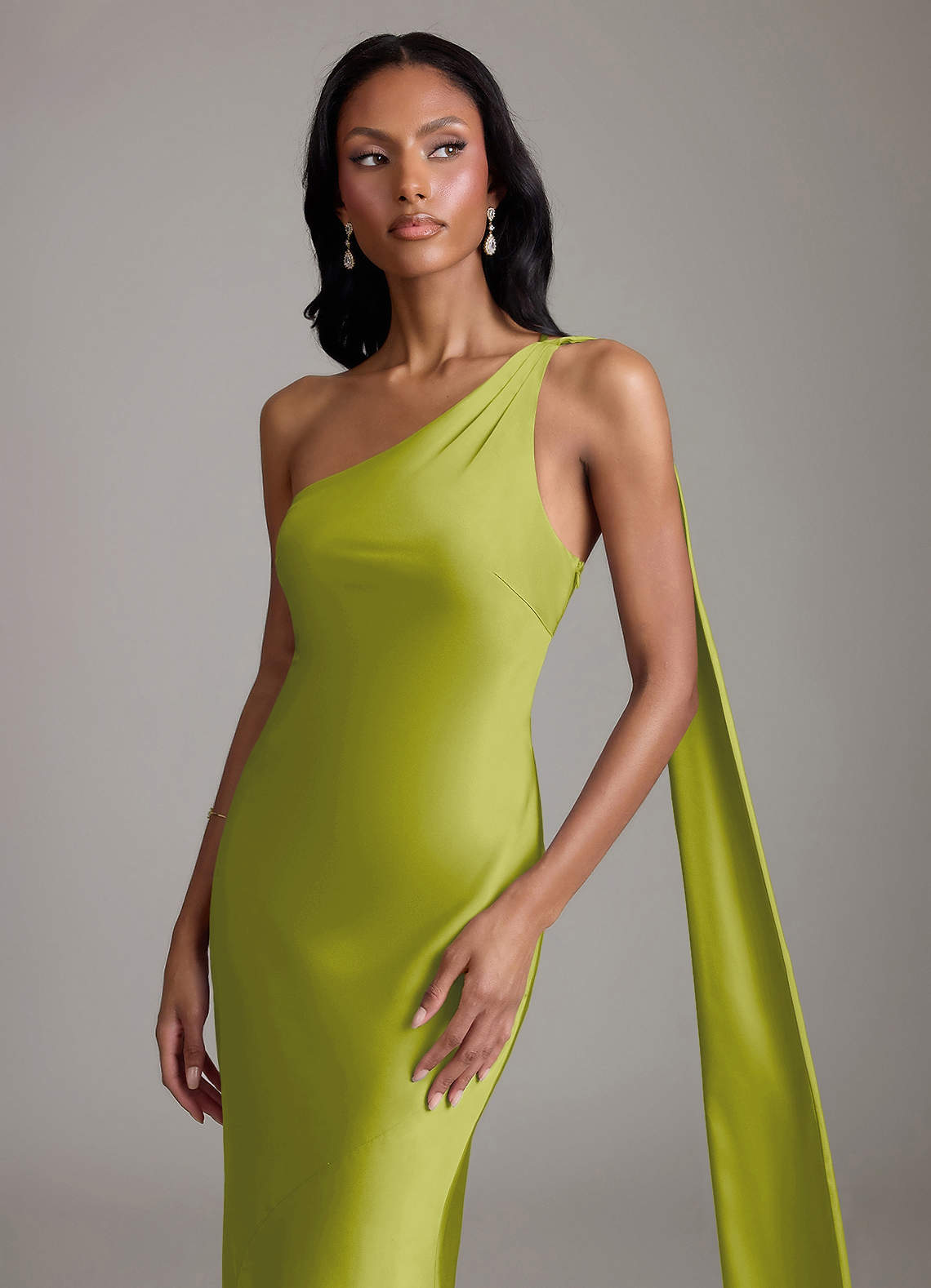 Juniper Mermaid One-Shoulder Stretch Satin Bridesmaid Dress in Lemongrass