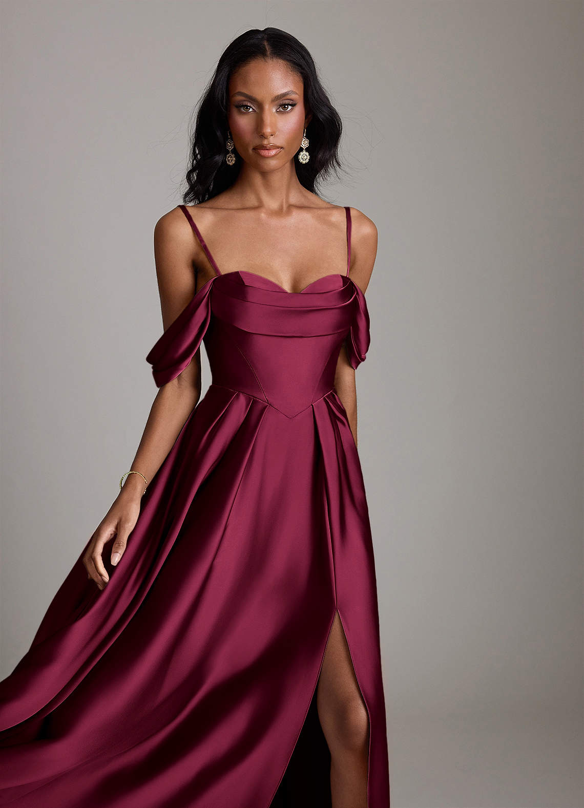Loisa A-Line Off-the-Shoulder Stretch Satin Bridesmaid Dress in Burgundy