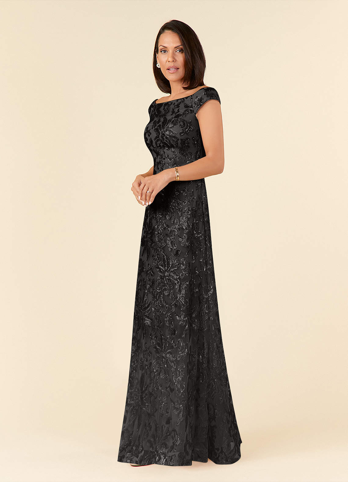 Porcelain A-Line Off-the-Shoulder Lace Mother of the Bride Dress in black