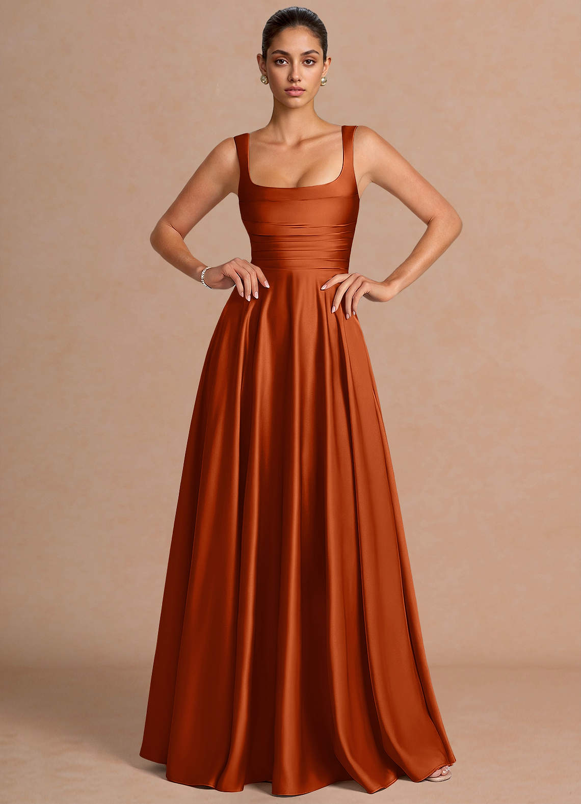 Azaria A-Line Square-Neck Stretch Satin Wedding Guest Dress in Haze blue