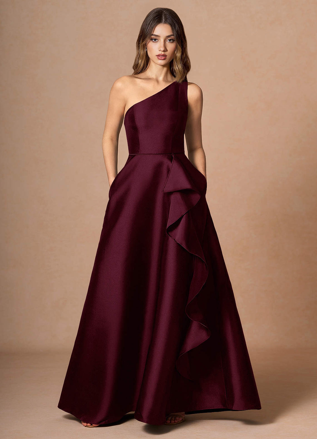 Adrianna A-Line One-Shoulder Mikado Evening Dress in Wine