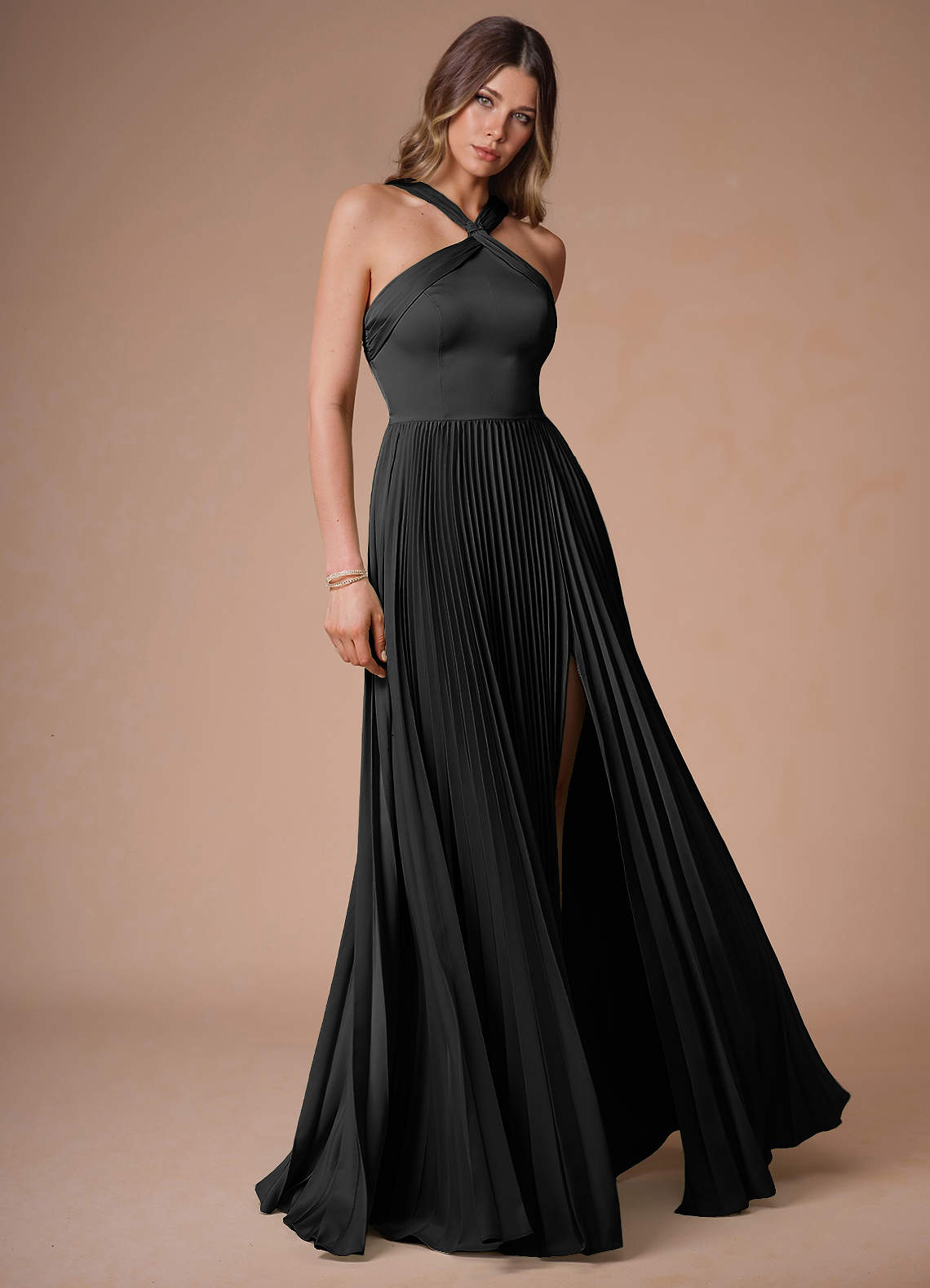 Afra A-Line Pleated Stretch Satin Wedding Guest Dress in black