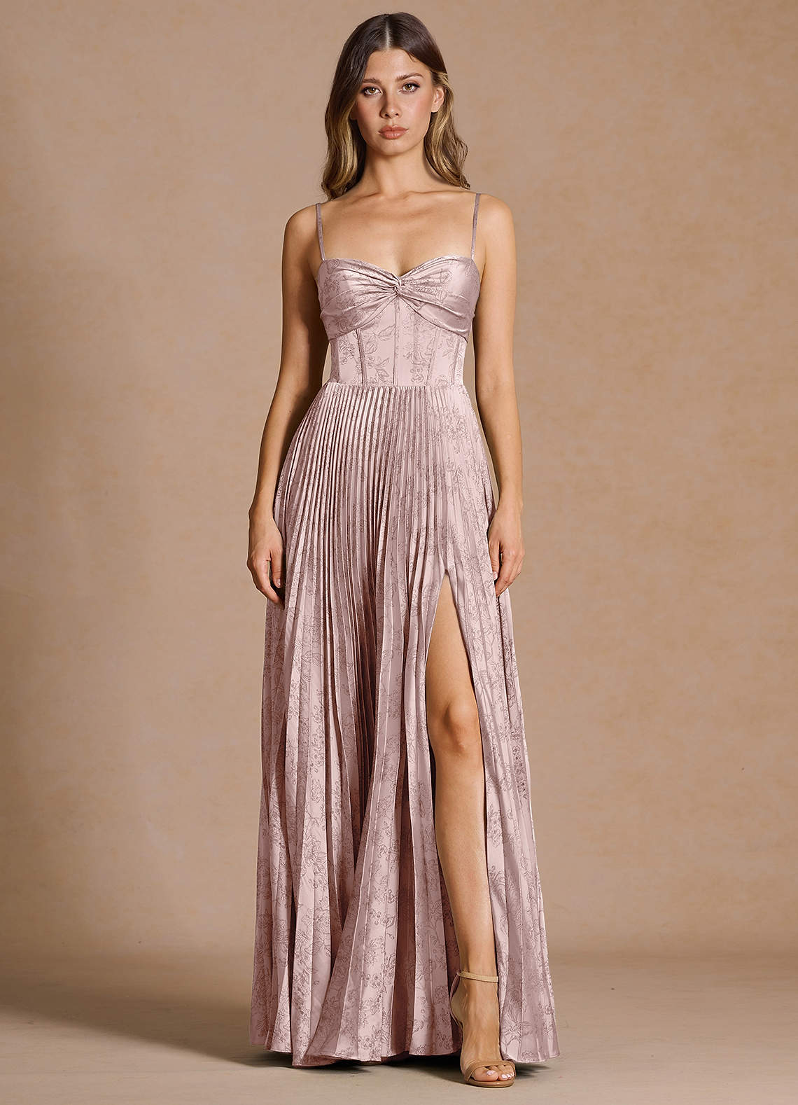 Vesper Pleated Knot-Neck Jacquard Wedding Guest Dress in Moss Navy