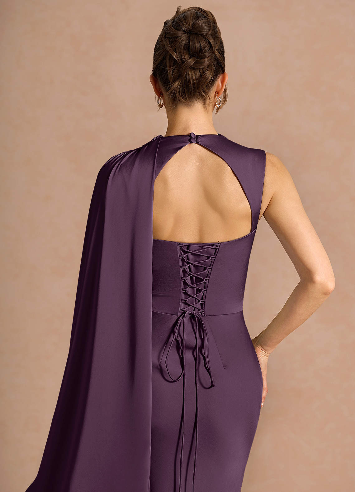 Chesney Cape-Sleeve Pleated Stretch Satin Wedding Guest Dress in Dark Purple