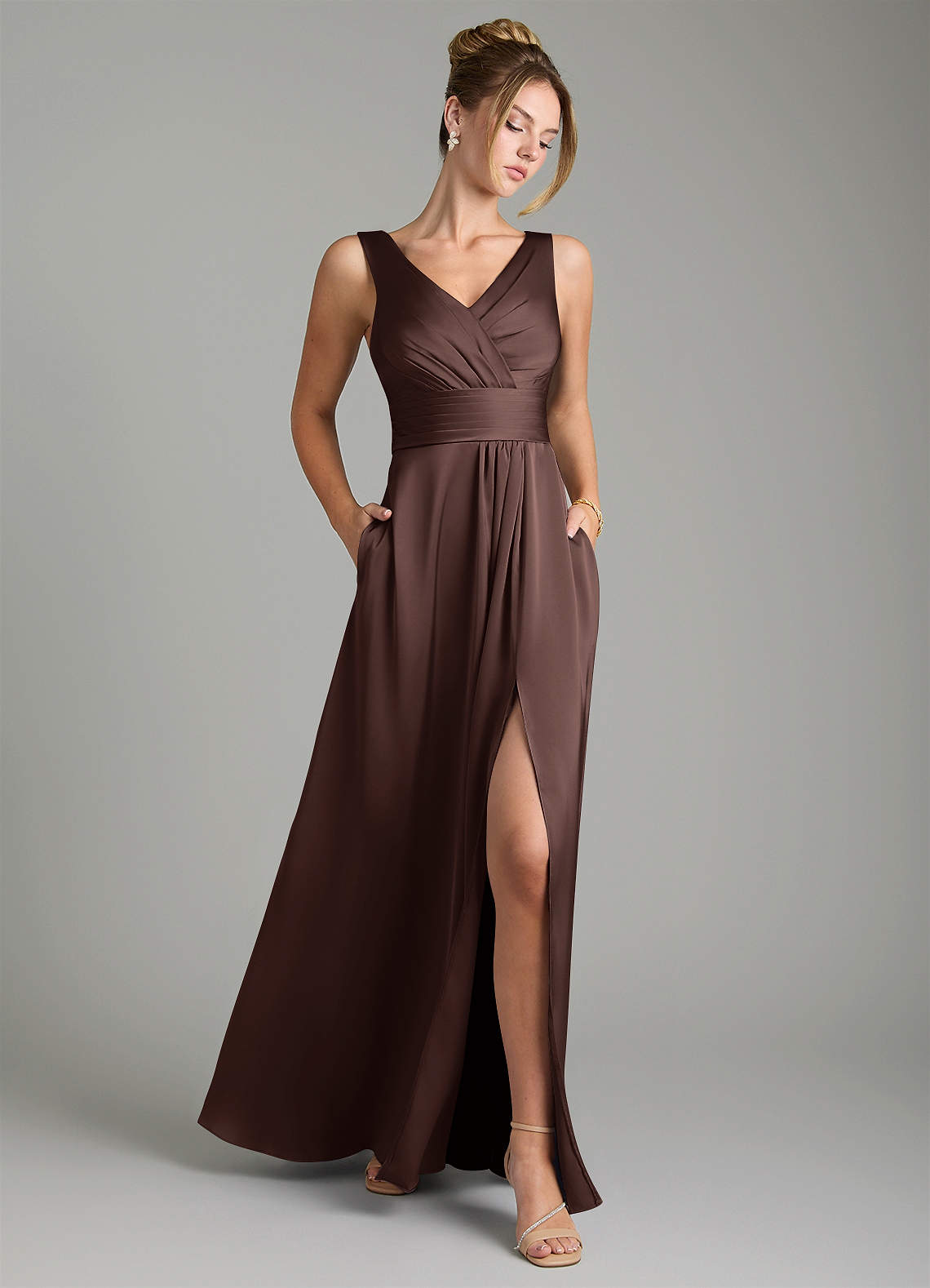 Karina A-Line V-Neck Stretch Satin Bridesmaid Dress in Ganache