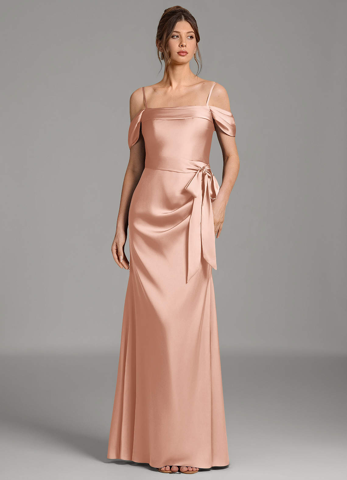 Wyatt Mermaid Off-the-Shoulder Stretch Satin Bridesmaid Dress in rose gold
