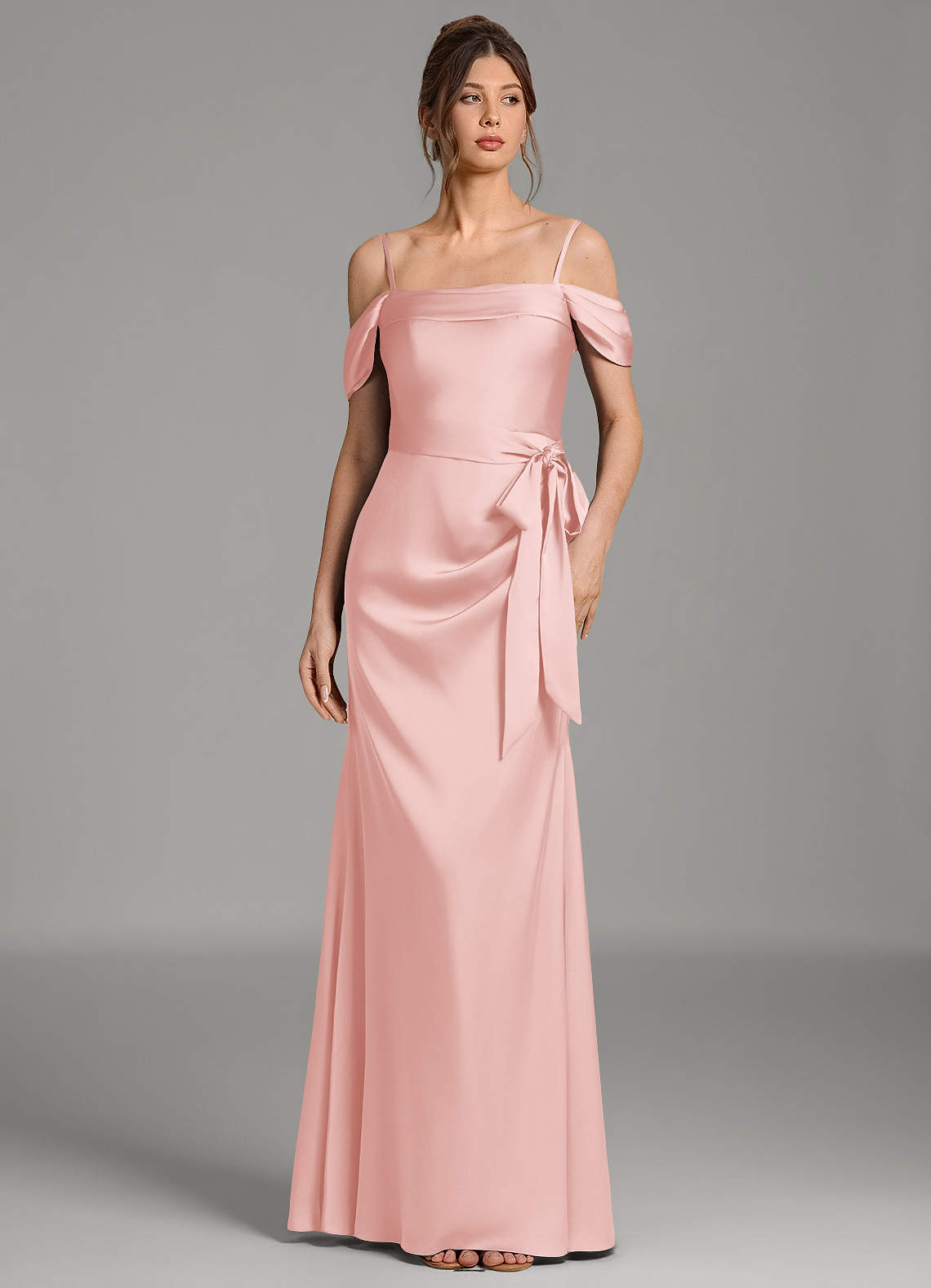 Wyatt Mermaid Off-the-Shoulder Stretch Satin Bridesmaid Dress in Powder Pink