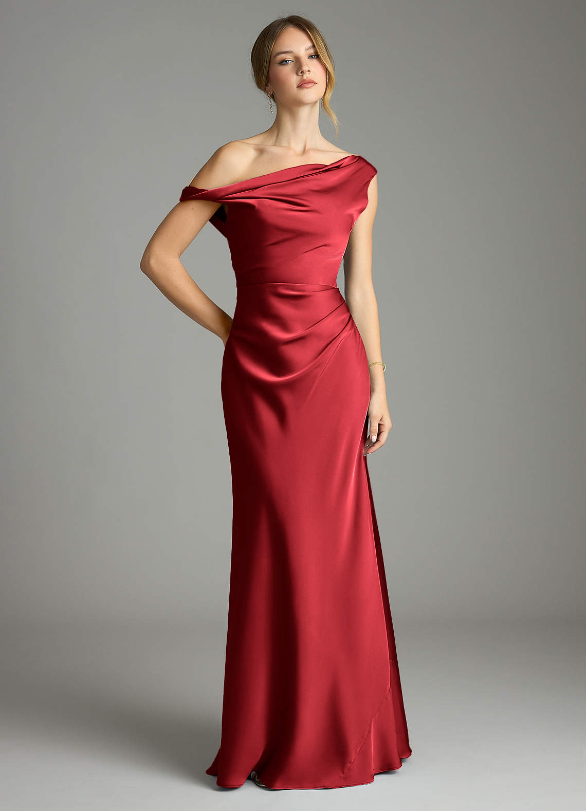 Emerson Mermaid One-Shoulder Stretch Satin Bridesmaid Dress in Scarlet