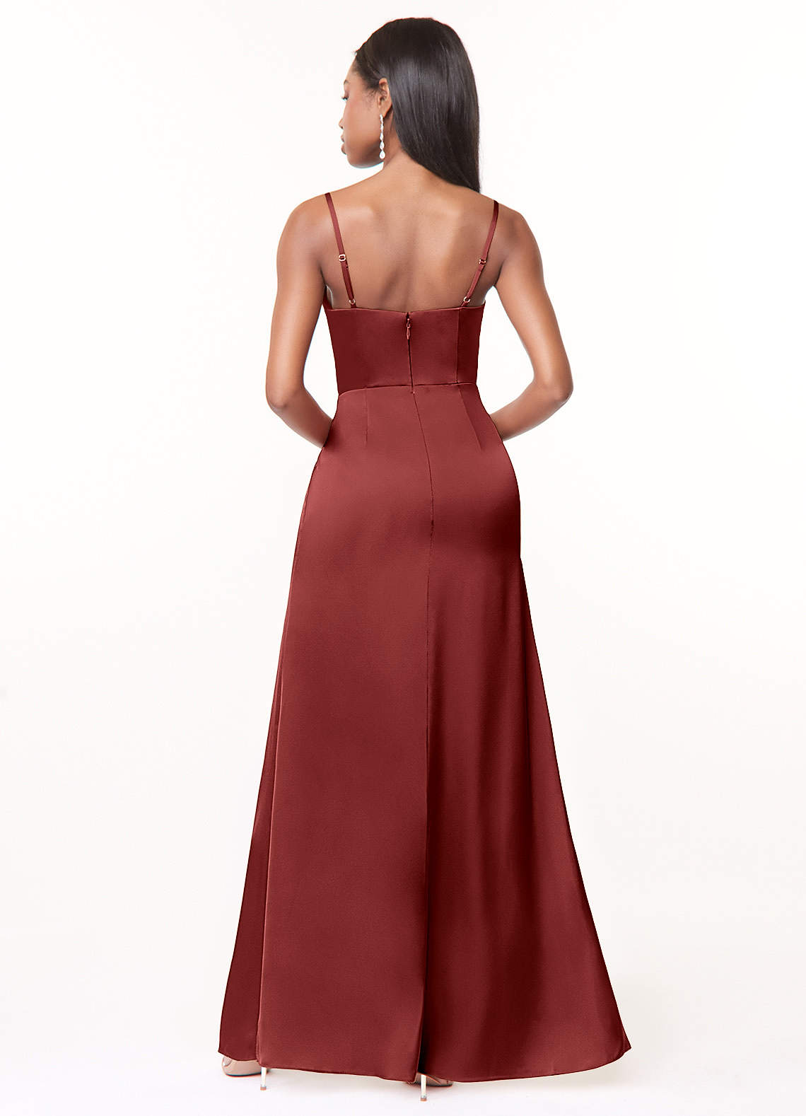 Maci A-Line V-Neck Stretch Satin Bridesmaid Dress in Terracotta