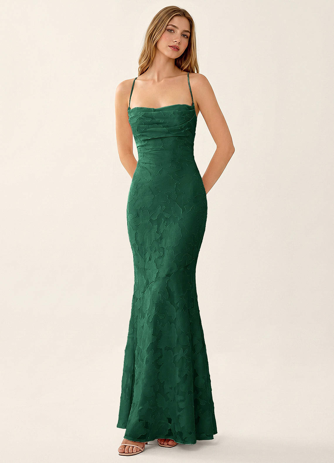 Natasha Mermaid Spaghetti-Strap Floral Burnout Evening Dress in Emerald Green