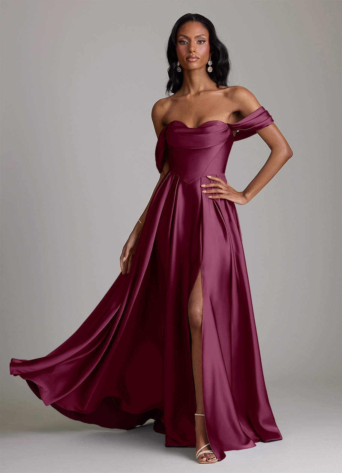 Loisa A-Line Off-the-Shoulder Stretch Satin Bridesmaid Dress in Mulberry