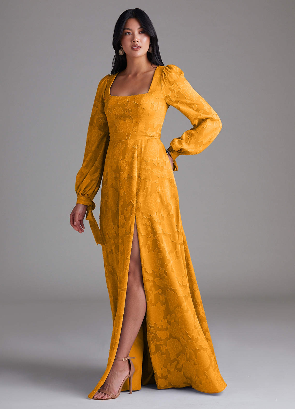 Leonia A-Line Square-Neck Stretch Satin Bridesmaid Dress in butterscotch