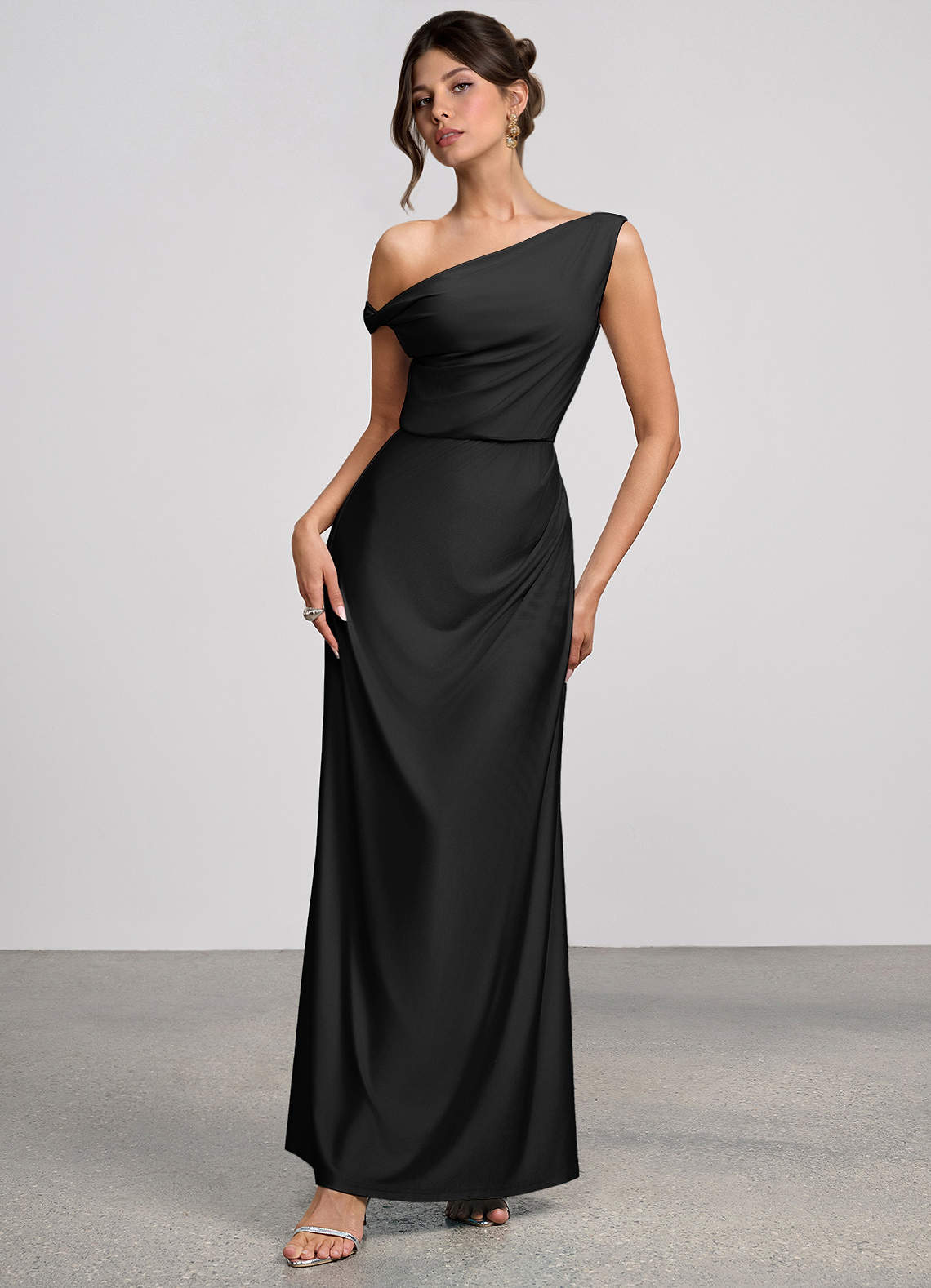 Elowen Mermaid One-Shoulder Glossy Knit Evening Dress in black