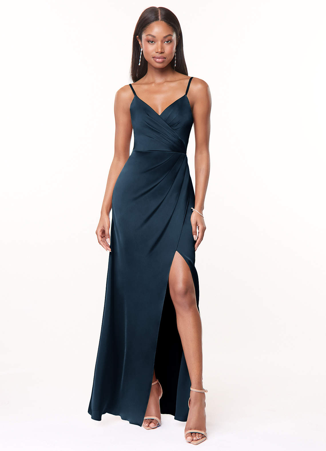 Maci A-Line V-Neck Stretch Satin Bridesmaid Dress in Dark Navy