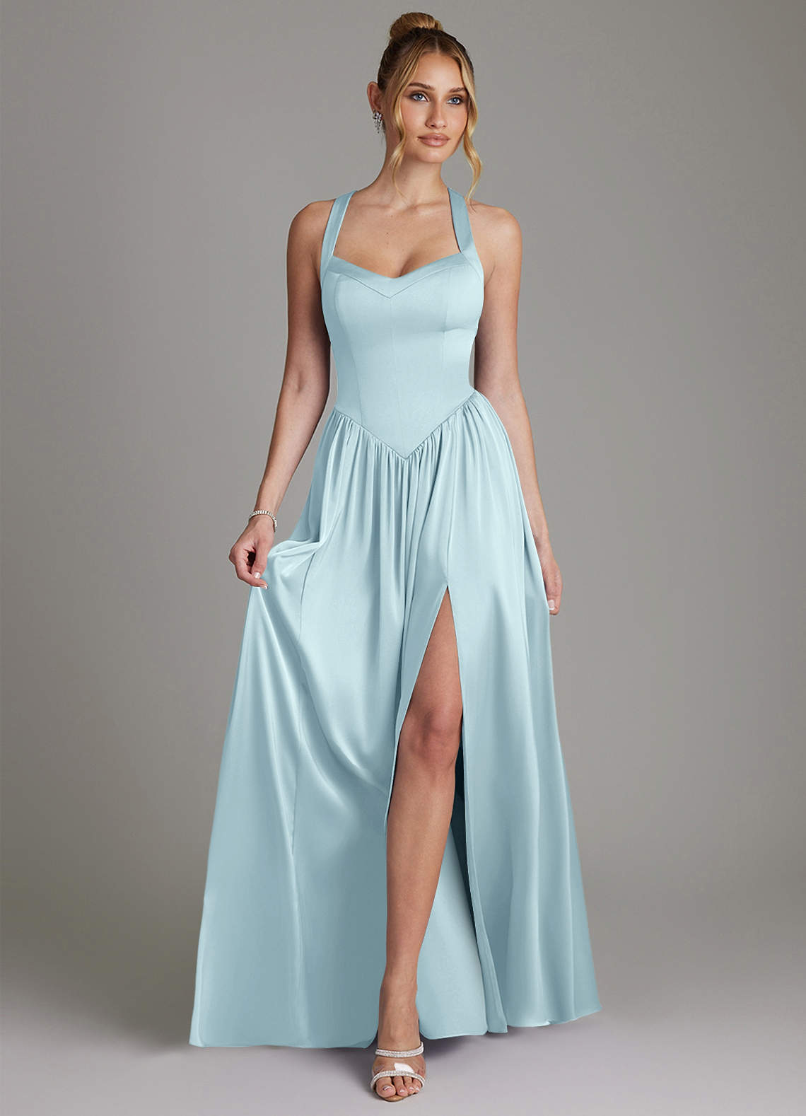 Francis A-Line V-Neck Stretch Satin Bridesmaid Dress in Cloud Blue