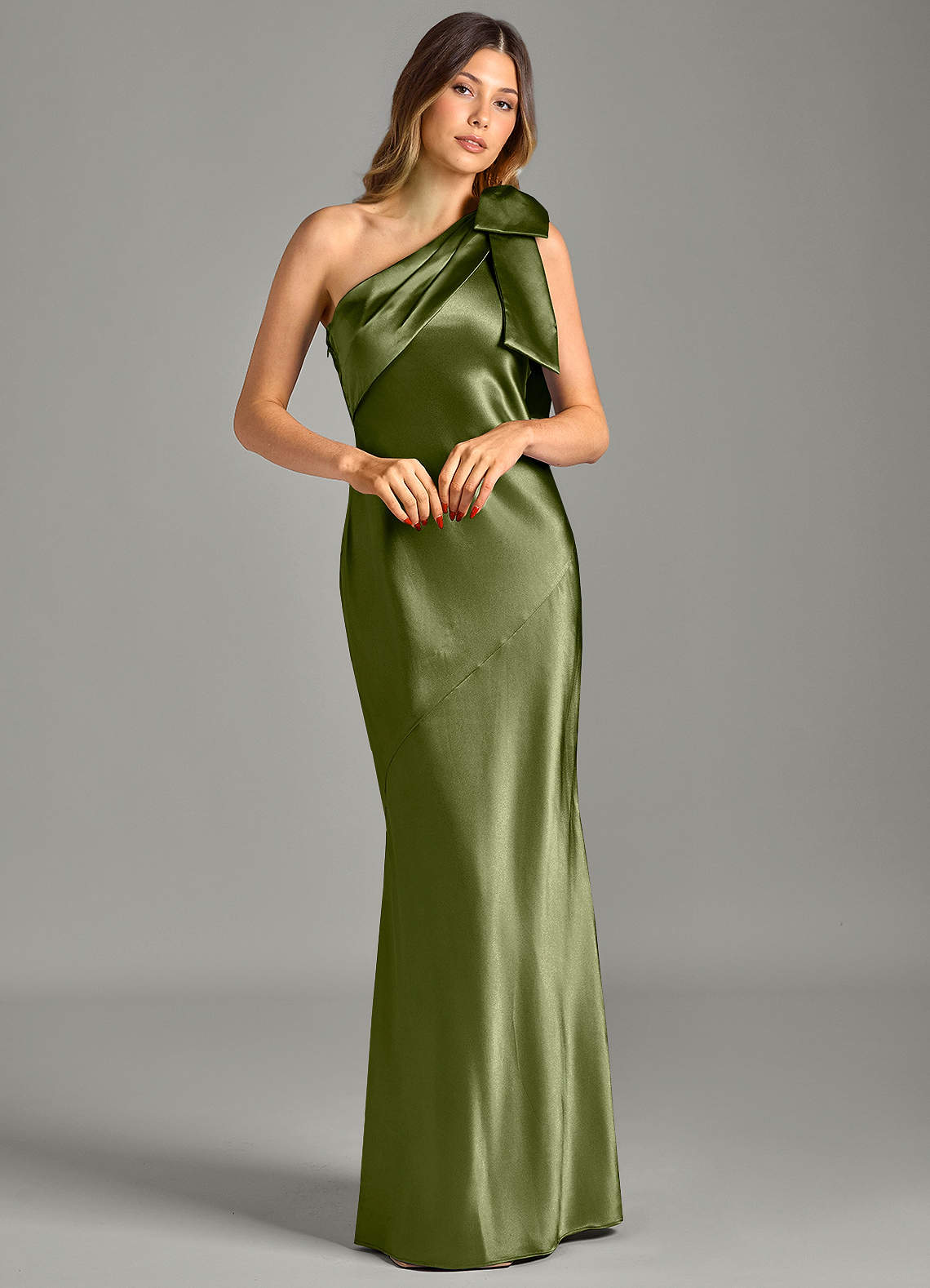 Yuanna Mermaid One-Shoulder Metallic Satin Bridesmaid Dress in Olive